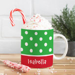 Festive Polka Dots Custom Christmas Monogram Name Coffee Mug<br><div class="desc">Personalize this festive Christmas coffee or hot cocoa mug with a first name or other custom text.  Design features a pattern of polka dots. Classic red,  green and white holiday colours.</div>