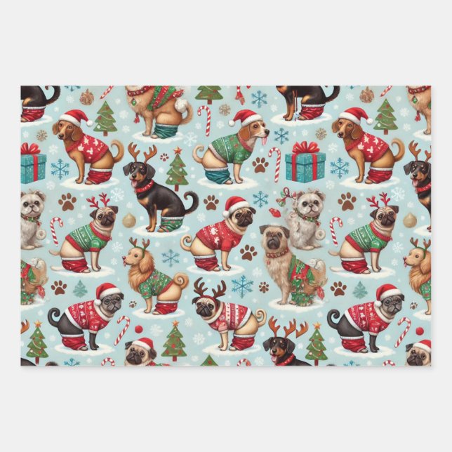 Festive Pooping Dogs in Holiday Sweaters Wrapping Paper Sheet (Front)