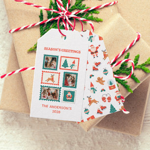 Festive Postage Stamp 3 Photo Collage Christmas Gift Tags