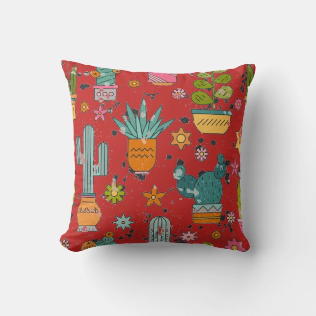 Festive Potted Cactus Pattern Throw Pillow (Front)