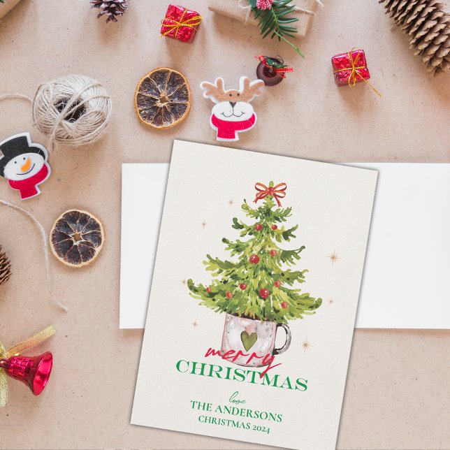 Festive Pretty Green Christmas Tree In Pot Holiday Card (Festive Pretty Green Christmas Tree In Pot Holiday Card)