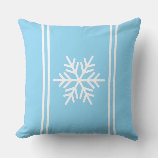Festive Pretty Snowflake Light Blue White Stripes Throw Pillow (Front)