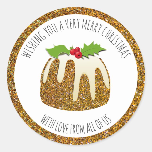 Festive Pudding Gold | GLITTER SPARKLE | Christmas Classic Round Sticker (Front)
