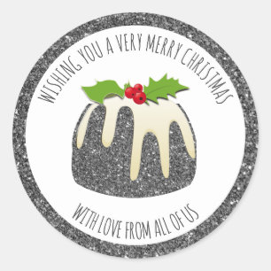 Festive Pudding Silver GLITTER SPARKLE   Christmas Classic Round Sticker