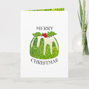 Festive Pudding with Green GLITTER Christmas Holiday Card