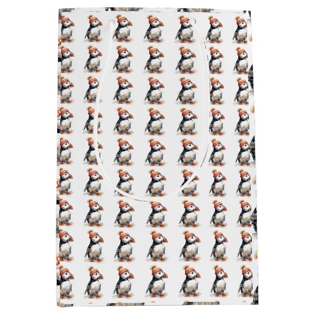 Festive Puffin Present Style Medium Gift Bag (Front)
