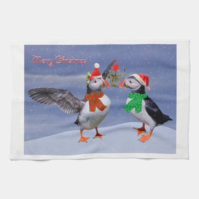 Festive Puffins Kitchen Towel (Horizontal)