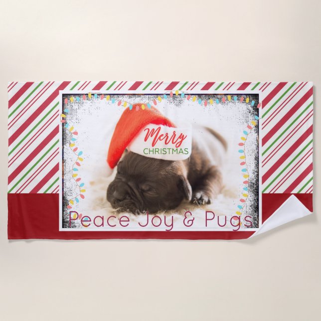 Festive Pug in Red Santa Hat with Christmas Lights Beach Towel (Front)
