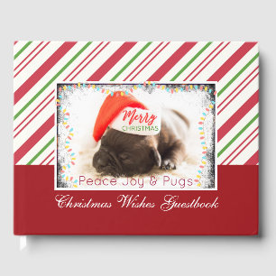 Festive Pug in Red Santa Hat with Christmas Lights Guest Book