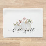 Festive Pumpkin Hello Fall Calligraphy Kitchen Towel<br><div class="desc">Custom-designed festive kitchen hand towel featuring "hello fall" modern hand calligraphy with watercolor white pumpkin and foliage design.</div>