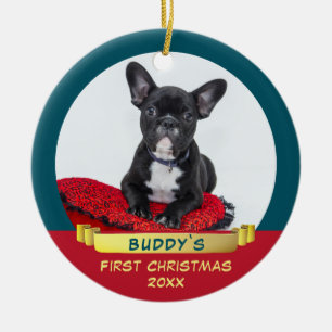 Festive Puppy 1st Christmas Ribbon Pet Photo Ceramic Ornament
