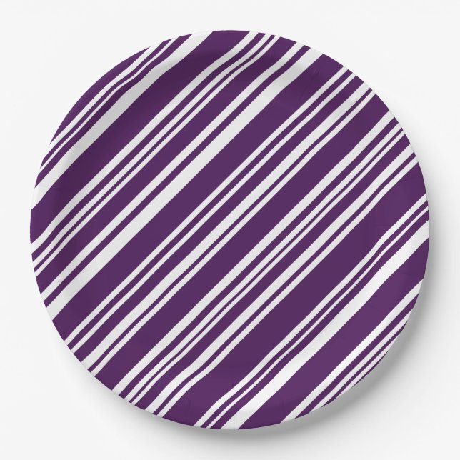 Festive Purple and White Stripes Paper Plates (Front)