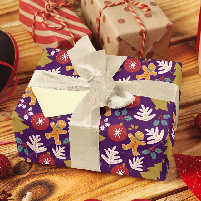 Festive Purple Christmas Tree Gingerbread Men Wrapping Paper (Creator Uploaded)
