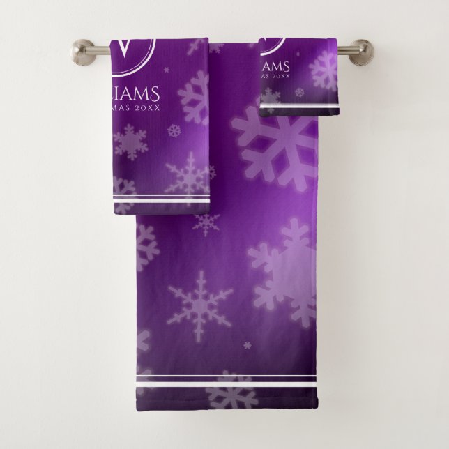 Festive Purple Foil Snowflakes Monogram Name Bath Towel Set (Insitu)