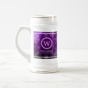 Festive Purple Foil Snowflakes Monogram Name Beer Stein