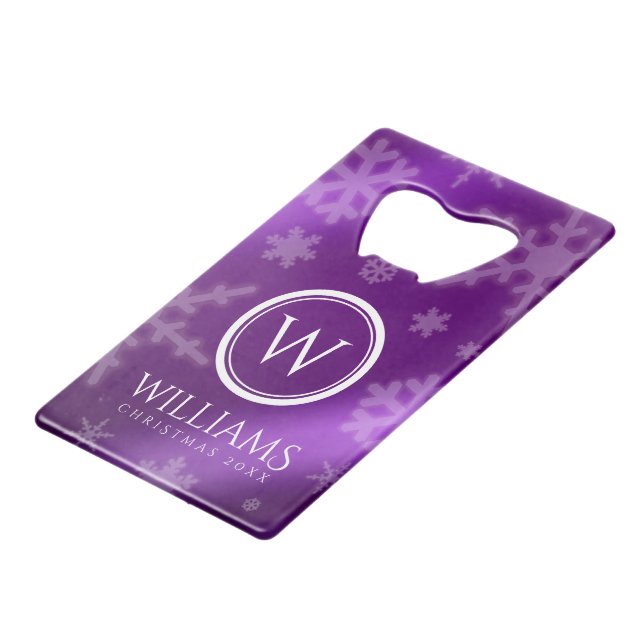 Festive Purple Foil Snowflakes Monogram Name Credit Card Bottle Opener (Front Angled)
