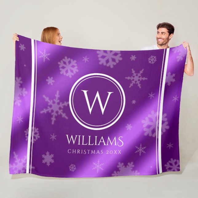 Festive Purple Foil Snowflakes Monogram Name Fleece Blanket (In Situ)