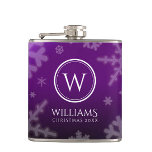 Festive Purple Foil Snowflakes Monogram Name Hip Flask