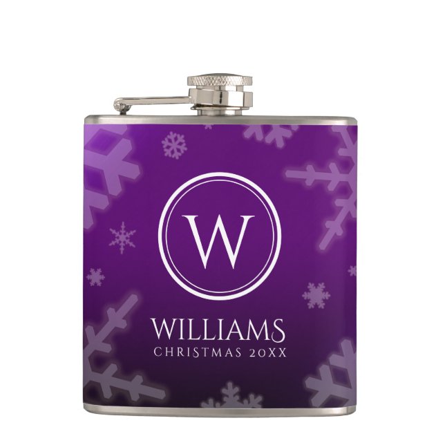 Festive Purple Foil Snowflakes Monogram Name Hip Flask (Front)