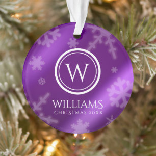 Festive Purple Foil Snowflakes Monogram Name Ornament