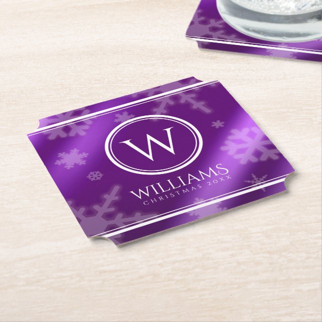 Festive Purple Foil Snowflakes Monogram Name Paper Coaster (Angled)