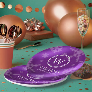 Festive Purple Foil Snowflakes Monogram Name Paper Plate