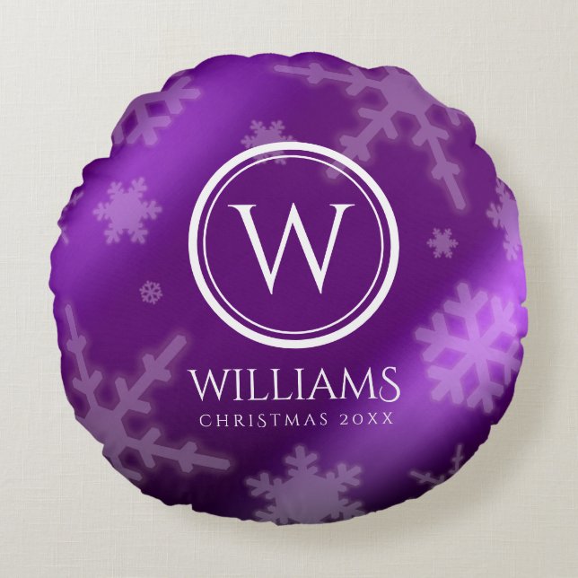 Festive Purple Foil Snowflakes Monogram Name Round Pillow (Front)