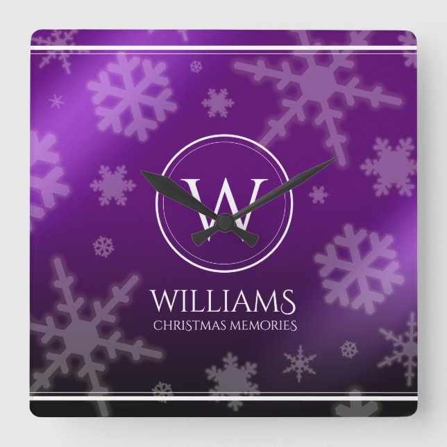 Festive Purple Foil Snowflakes Monogram Name Square Wall Clock (Front)