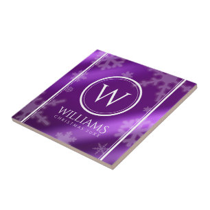 Festive Purple Foil Snowflakes Monogram Name Tile