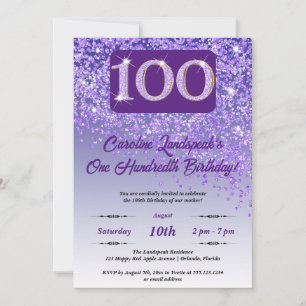 Festive Purple Glitter 100th Birthday Invitation
