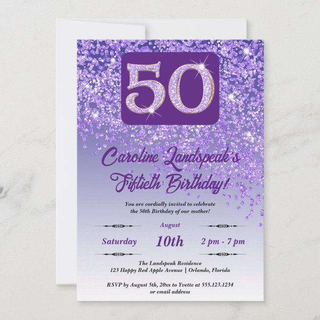 Festive Purple Glitter 50th Birthday Invitation (Front)