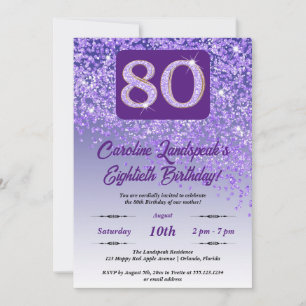 Festive Purple Glitter 80th Birthday Invitation