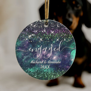 Festive Purple Green Glitter Engaged Married Ceramic Ornament