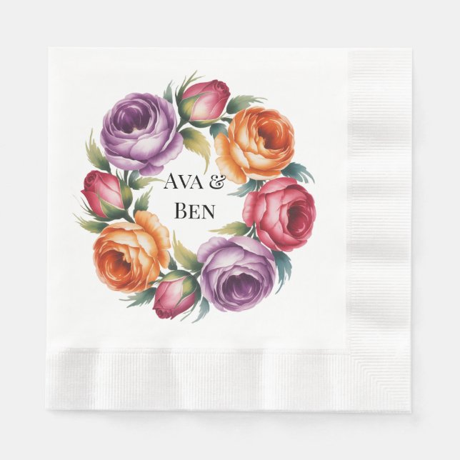 Festive Purple Orange and Red Roses Wedding Napkin (Front)