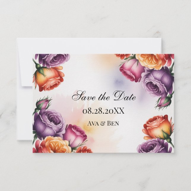 Festive Purple Orange and Red Roses Wedding Save The Date (Front)