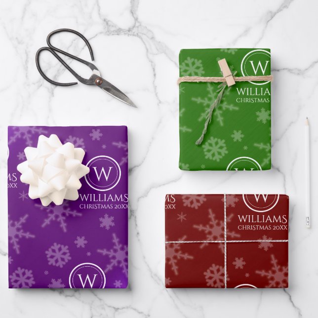 Festive Purple Red Green Foil Snowflakes Wrapping Paper Sheet (Front)