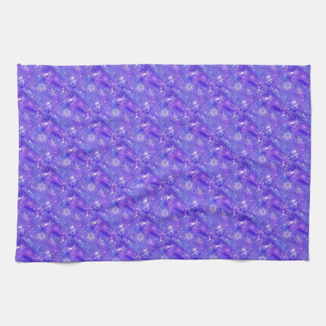 Festive Purple Snowflake Stars Christmas Party Kitchen Towel (Horizontal)