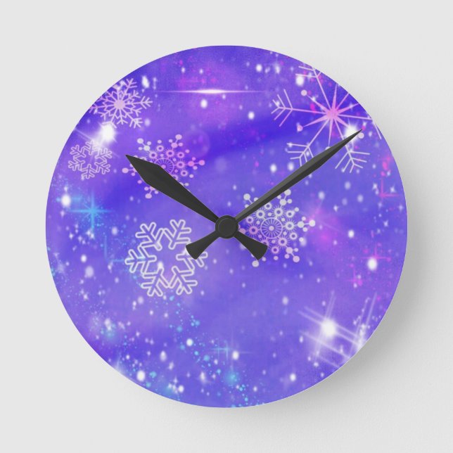 Festive Purple Snowflake Stars Christmas Party Round Clock (Front)