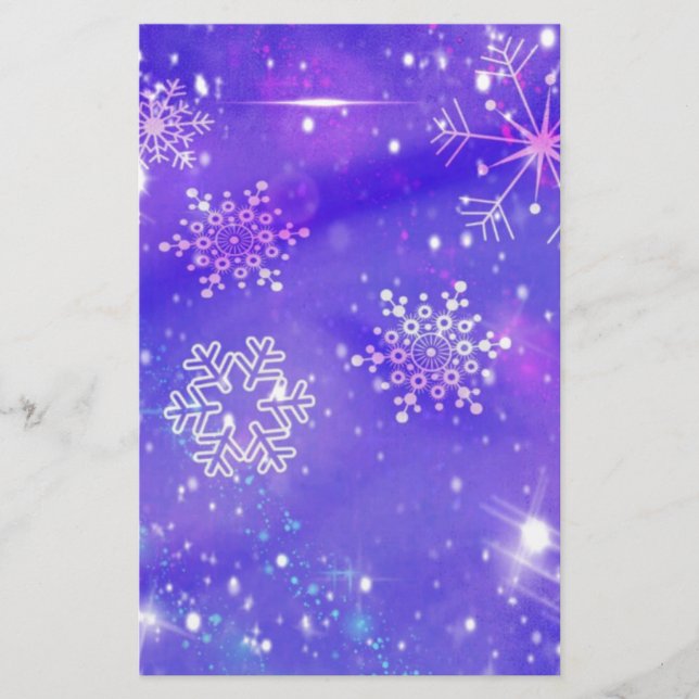 Festive Purple Snowflake Stars Christmas Party Stationery (Front)