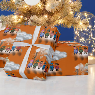 Festive Quintet on Burnt Orange Christmas Wrapping Paper