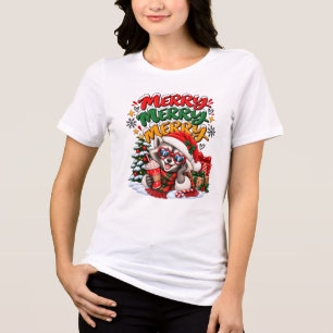 Festive Raccoon Christmas Tree Hot Cocoa Merry Tri-Blend Shirt