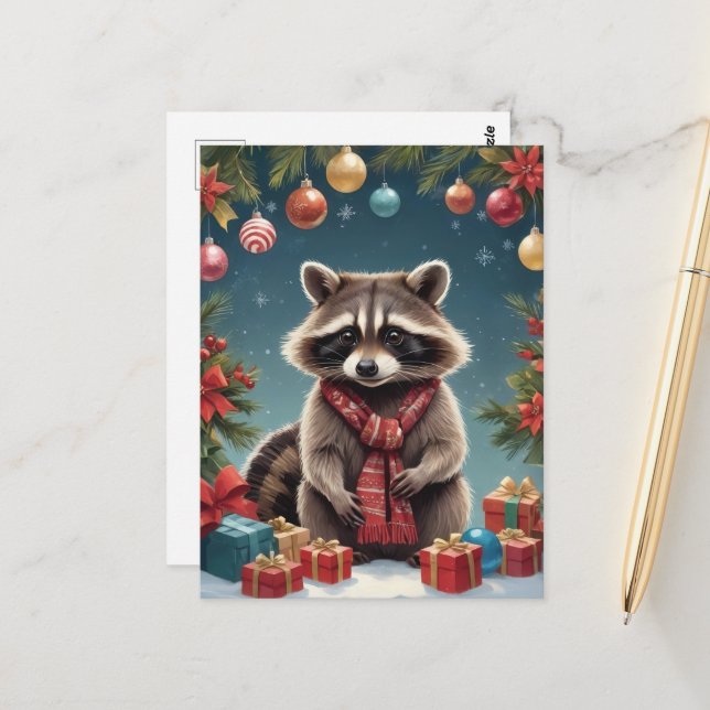 Festive Raccoon in Christmas Lights Postcard (Front/Back In Situ)