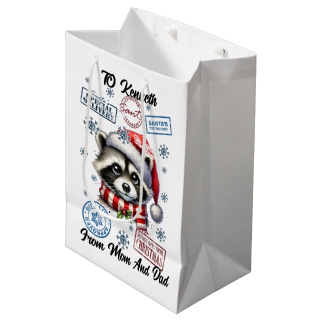Festive Raccoon With Holiday Stickers Medium Gift Bag (Front Angled)