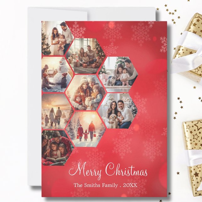 Festive Red 9 Photo Collage Modern Christmas  Holiday Card (Creator Uploaded)