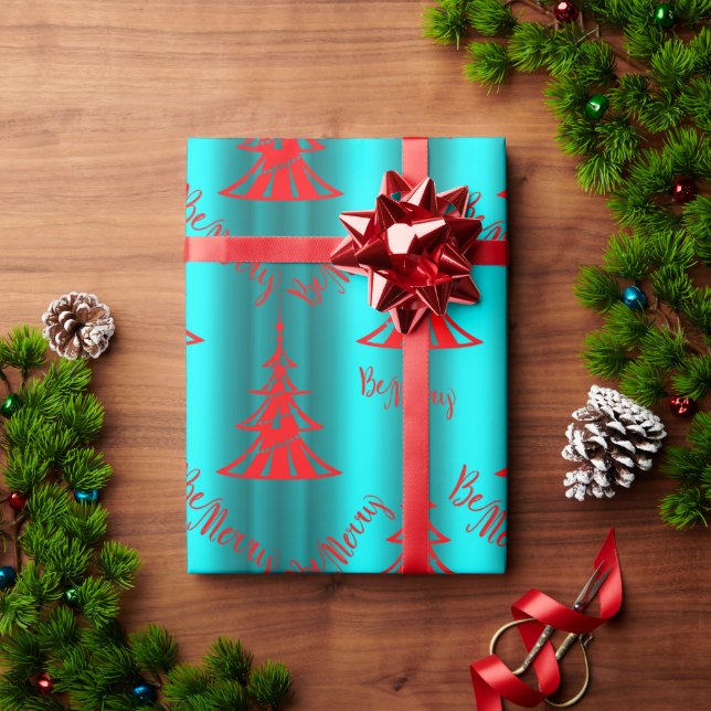 Festive Red and Aqua Be Merry Christmas Wrapping Paper (Holiday Gift)