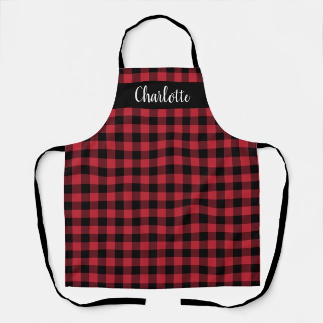 Festive Red and Black Buffalo Plaid Personalized Apron (Front)
