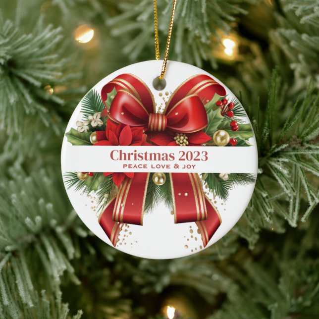 Festive Red and Gold Christmas Bow Ceramic Ornament (Tree)