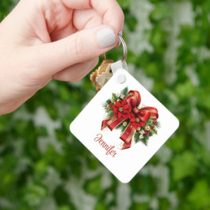 Festive Red and Gold Christmas Bow Keychain