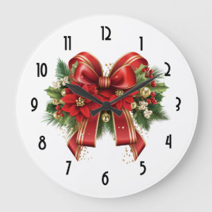 Festive Red and Gold Christmas Bow Large Clock