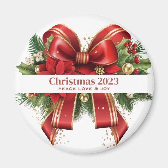 Festive Red and Gold Christmas Bow Magnet (Front)
